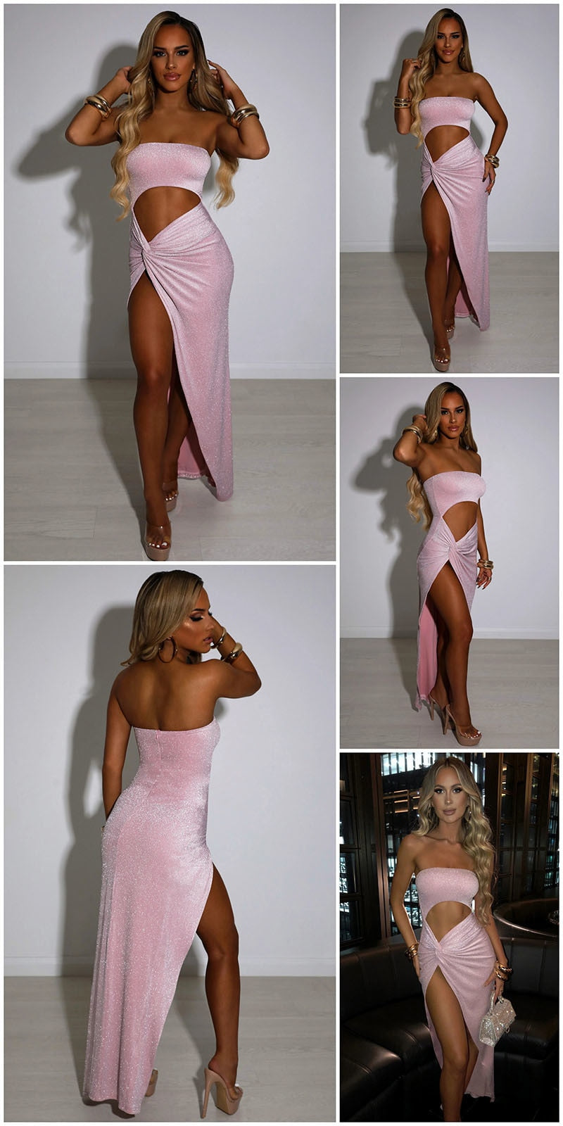 Boho Camis Dress, Party Bodycon Dress, Maxi Dress Hollow Out,  Glitter in Pink and Apricot