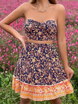 Boho Two Piece Set, Crop Top and Skirt, Navy Water Lily