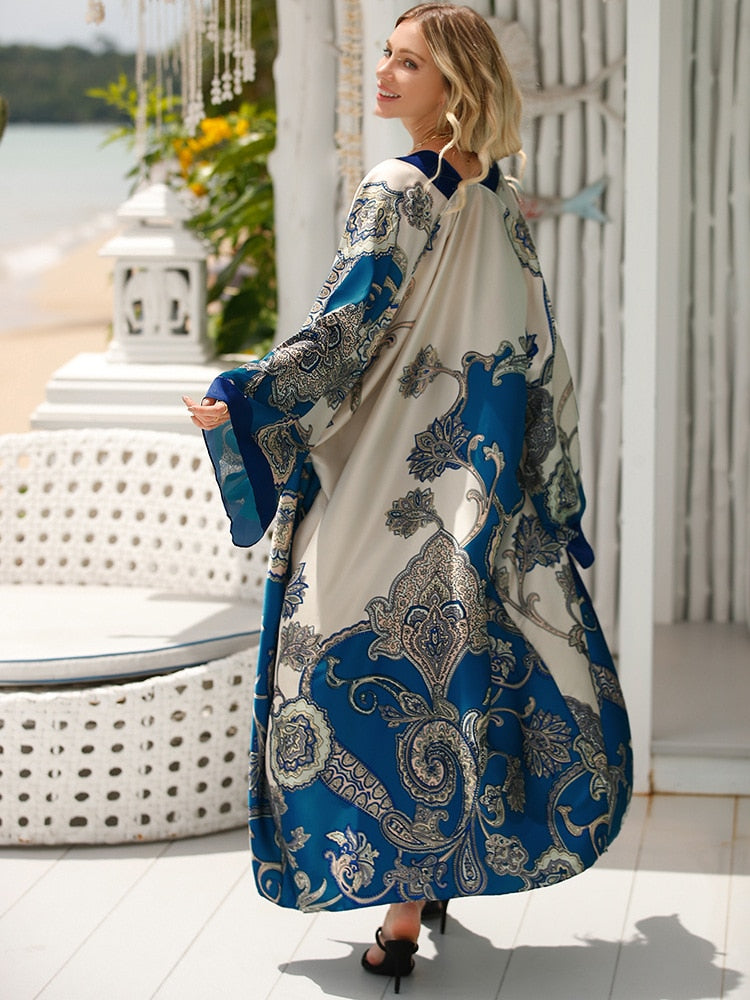 Boho Robe, Kimono Robe, Silk robe, Beach Cover up, Blue Cordelia