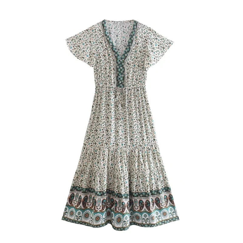 Boho Midi Dress, Sundress, Quincy in Green and Pink Wild Rose Boho Boho Midi Dress, Sundress, Quincy in Green and Pink Wild Rose Boho