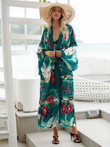 Boho Robe, Kimono Robe, Silk robe, Beach Cover up, Green Crane