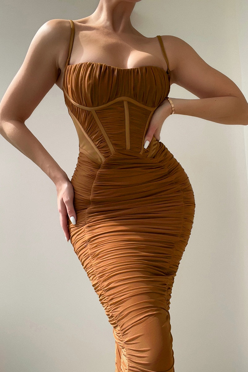 Boho Camis Dress, Party Bodycon Dress, Corset Ruched Maxi Dress, Claire in  Black and Brown
