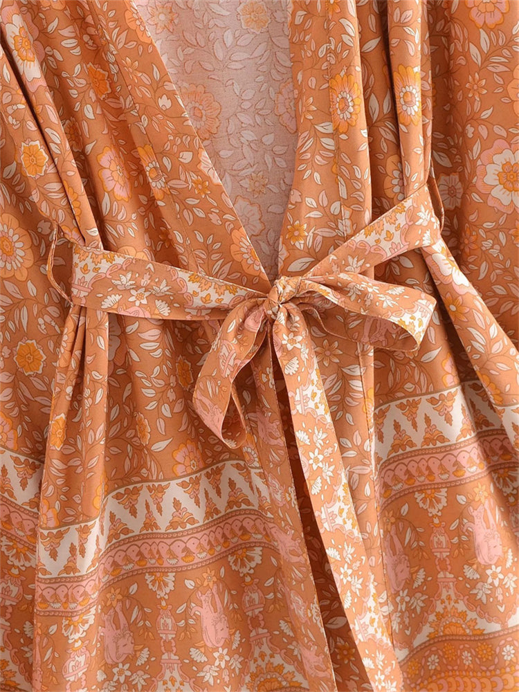 Boho Robe, Kimono Robe,  Beach Cover up, Short Robe, Amaryllis in Pink and Orange