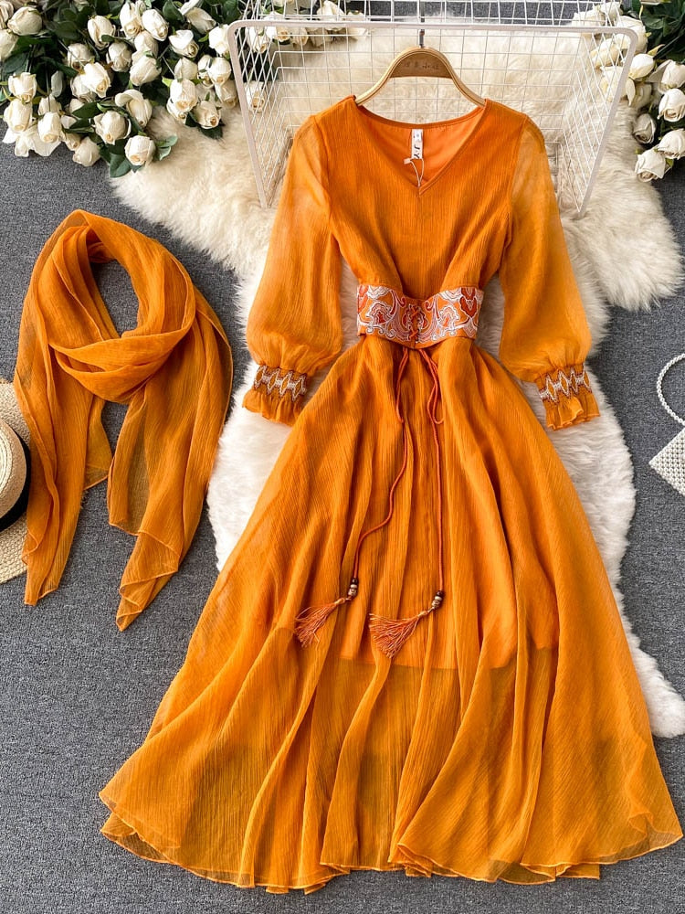 Maxi Dress with Matching Scarf, Boho Vintage Dress, Gown, Sahara in Gold