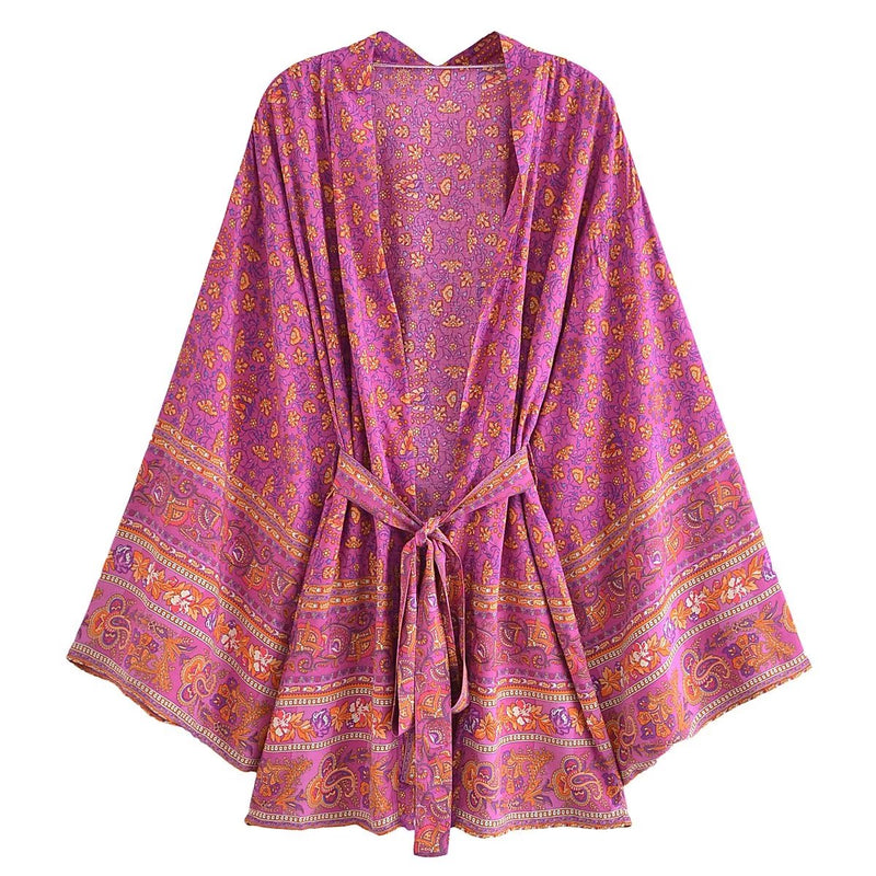 Boho Robe, Kimono Robe, Beach Cover up, Short Robe, Elliana Jasmine in Pink, Green and Brown