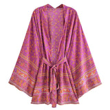 Boho Robe, Kimono Robe, Beach Cover up, Short Robe, Elliana Jasmine in Brown, Pink and Green
