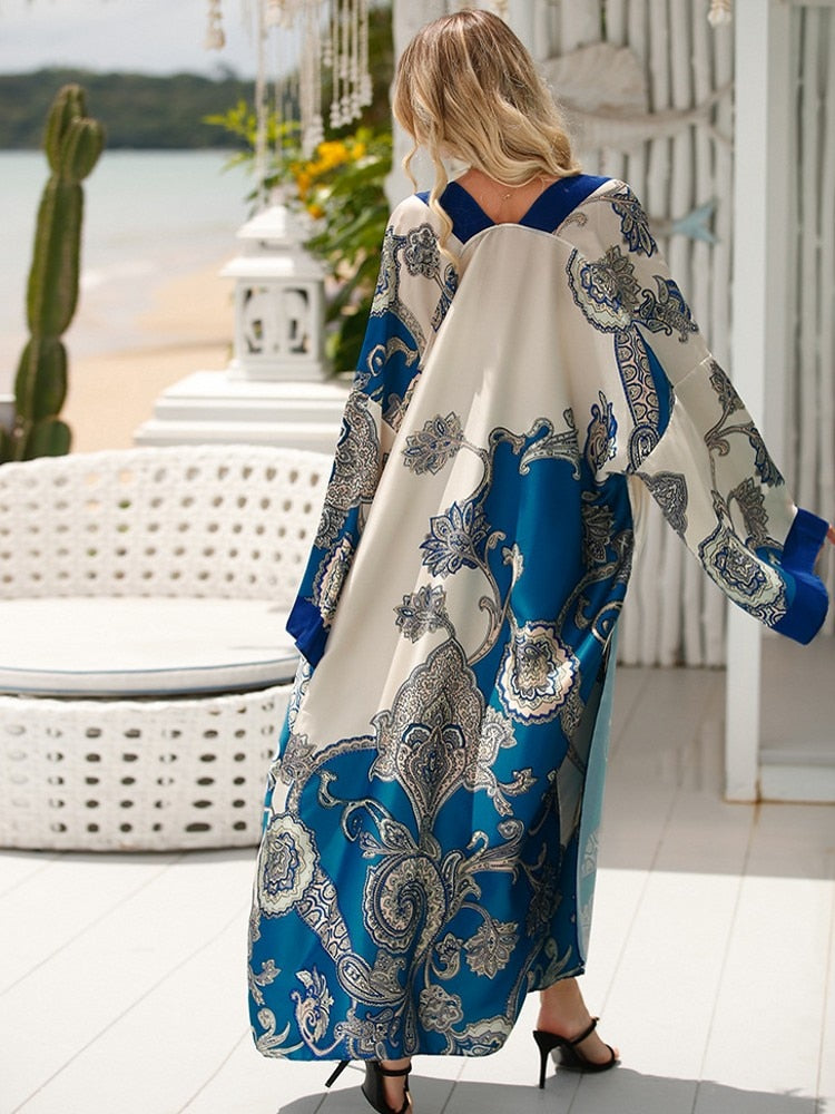 Boho Robe, Kimono Robe, Silk robe, Beach Cover up, Blue Cordelia