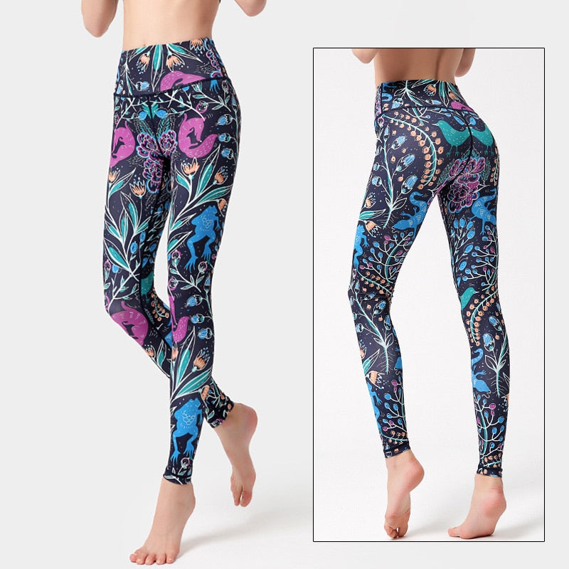 Yoga Legging, Yoga Pants, Boho Legging, Tight with Pocket Forrest in Blue Gold Flower