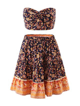 Boho Two Piece Set, Crop Top and Skirt, Navy Water Lily