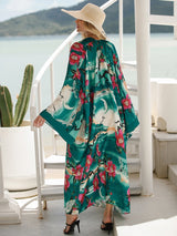 Boho Robe, Kimono Robe, Silk robe, Beach Cover up, Green Crane