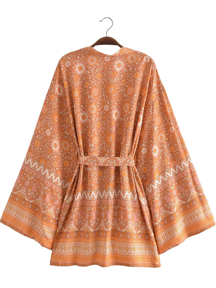 Boho Robe, Kimono Robe,  Beach Cover up, Short Robe, Amaryllis in Pink and Orange