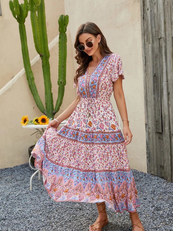 Boho Midi Dress, Sundress, Aubrey Scilla in Pink and Green