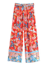 Boho Two Piece Set, Top and Palazzo Pant, Red Peony Blue Bird