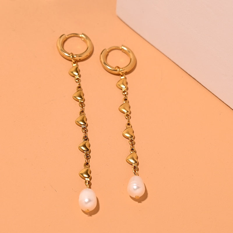 Boho Earrings, Dangle Earrings, Peal with Gold Chain