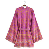 Boho Robe, Kimono Robe, Beach Cover up, Short Robe, Elliana Jasmine in Pink, Green and Brown