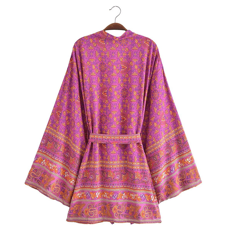 Boho Robe, Kimono Robe, Beach Cover up, Short Robe, Elliana Jasmine in Pink, Green and Brown