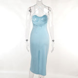 Boho Satin Party Dress, Halter Maxi Backless Dress, Nancy in Baby Pink and Blue