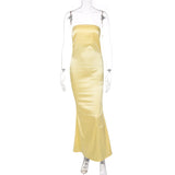Boho Satin Party Dress, Halter Maxi Backless Dress, Adeline in Brown and Yellow
