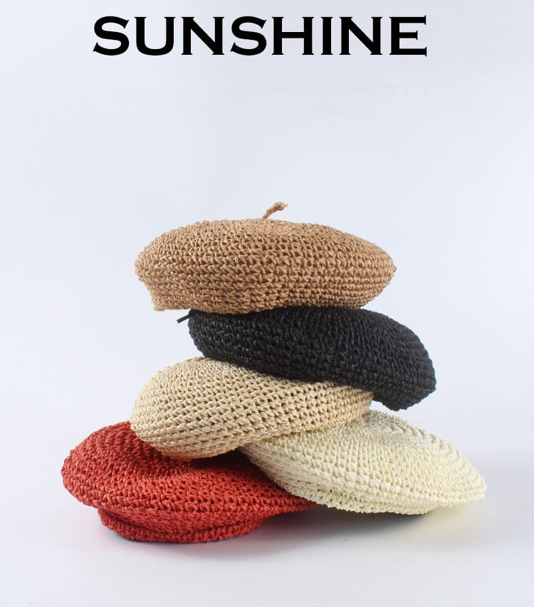 Boho Hat, Straw Beret Hat, Sunshine in Black, Beige and 6 colors - Wild Rose Boho