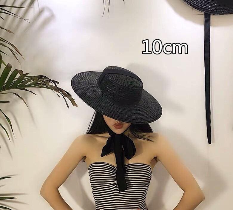 Boho Hat, Sun Hat, Beach Hat, Wide Brim Straw Hat 10-18 cm, Ribbon in Black - Wild Rose Boho