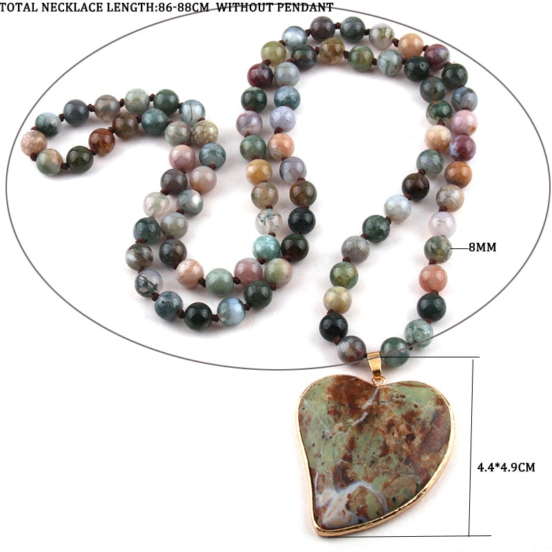 Boho Necklace, RH India Agated Green Heart Natural Stone - Wild Rose Boho