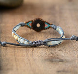 Boho Bracelet, Leather Wrap Bracelet, Weave Bracelet, Frosted Blue Amazonite - Wild Rose Boho