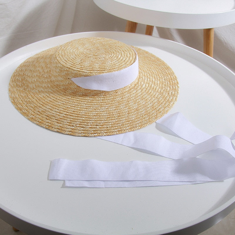 Boho Hat, Sun Hat, Beach Hat, Wide Brim Straw Hat 10 cm, Black and White Ribbon - Wild Rose Boho