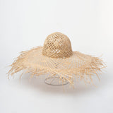 Boho Hat, Sun Beach Hat, Fringed Wide Brim Straw Hat, Kathryn in Beige and Black - Wild Rose Boho