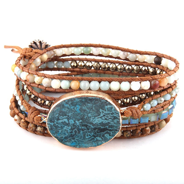 Boho Bracelet, RH 5 Layers Leather Wrap Bracelet, Natural Stones, Blue Ocean - Wild Rose Boho