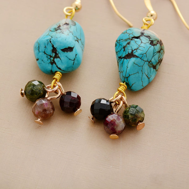 Boho Earrings, Dangle Earrings, Tourmaline and Blue Turquoise - Wild Rose Boho