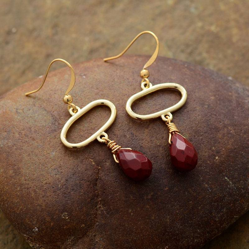 Boho Earrings, Dangle Earrings, Ellipse Red Jaspers - Wild Rose Boho