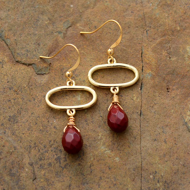 Boho Earrings, Dangle Earrings, Ellipse Red Jaspers - Wild Rose Boho