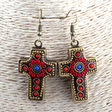 Boho Earrings, RH Dangle Earrings, Red & Blue Metal Cross - Wild Rose Boho