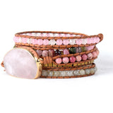 Boho Bracelet, 5 Layers Leather Wrap Bracelet, Natural Stone, Pink Tourmaline - Wild Rose Boho
