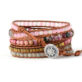 Boho Bracelet, 5 Layers Leather Wrap Bracelet, Natural Stone, Pink Tourmaline - Wild Rose Boho
