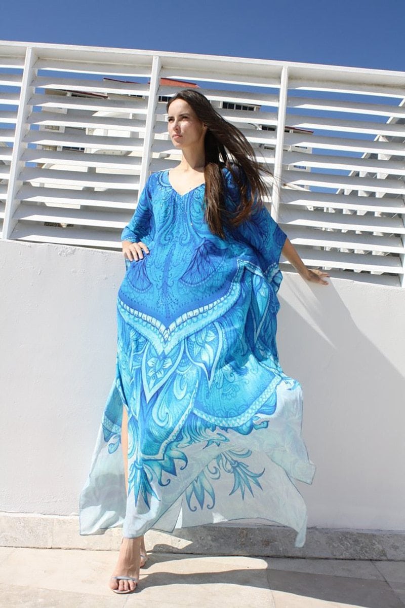 Maxi Boho Dress, Beach Dress, Kaftan, Mandala Blue - Wild Rose Boho