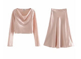 Boho 2 Piece Set, Matching Crop Top and Skirt, Glam Satin White, Black and Pink - Wild Rose Boho