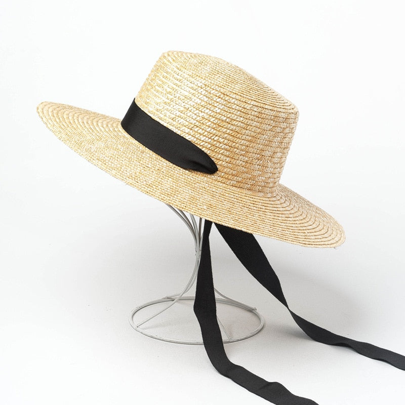 Boho Hat, Sun Hat, Beach Hat, Wide Brim Grass Straw Hat, Minnie Black Ribbon - Wild Rose Boho