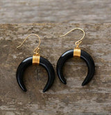Boho Earrings, Dangle Earrings, Ox Horn, Shell White and Black Onyx Crescent - Wild Rose Boho