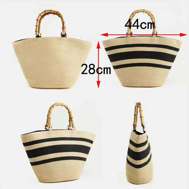 Boho Bag, Woven Grass Straw Basket Bag, Bamboo Handle in Black, Ivory, Pink and Blue - Wild Rose Boho