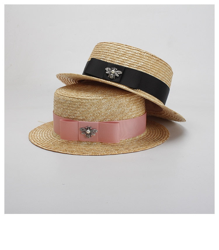 Boho Hat, Kid Hat, Little Girl Hat, Straw Hat, Sun Bee Black Pink - Wild Rose Boho