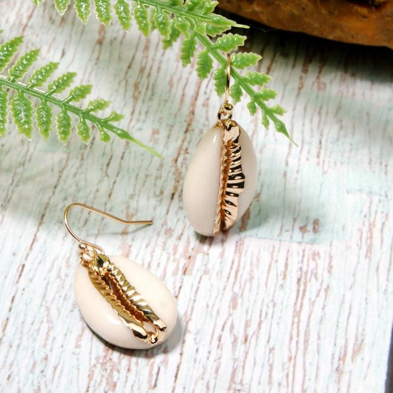 Boho Earrings, Dangle Earrings, Natural Shell with Gold - Wild Rose Boho
