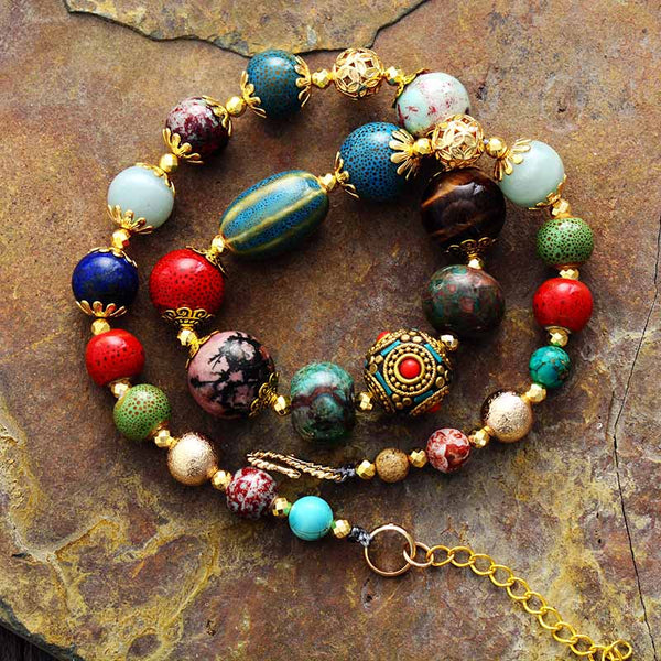 Boho Necklace, Choker Necklace, Blue & Gold Ethnic Elegant - Wild Rose Boho