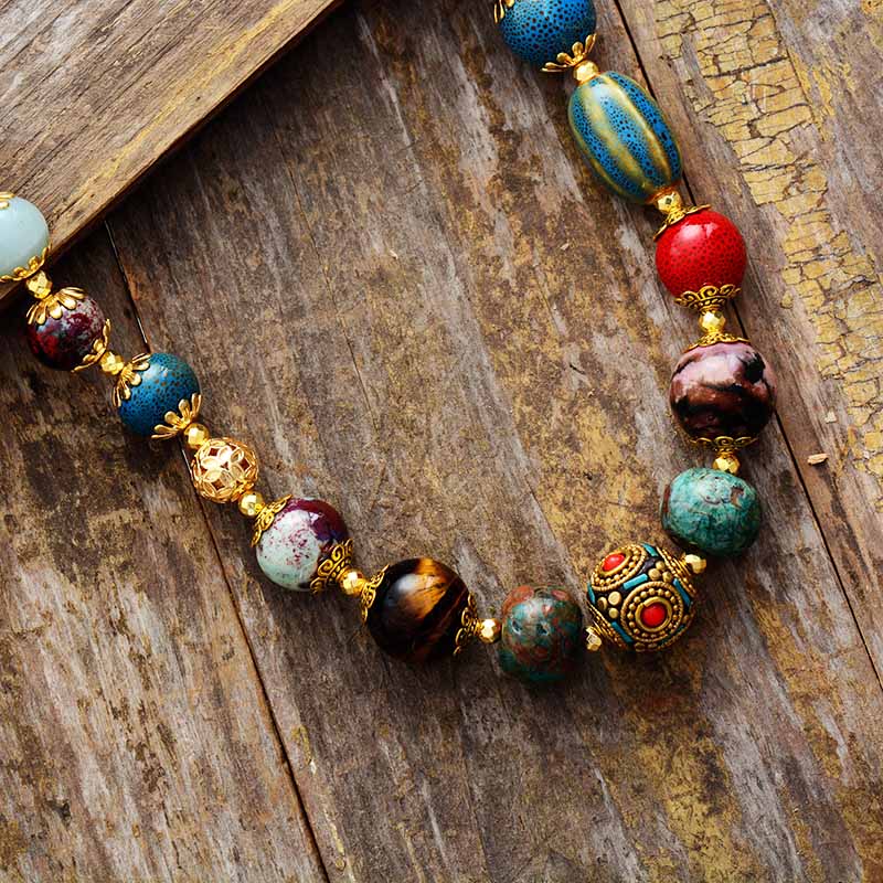 Boho Necklace, Choker Necklace, Blue & Gold Ethnic Elegant - Wild Rose Boho