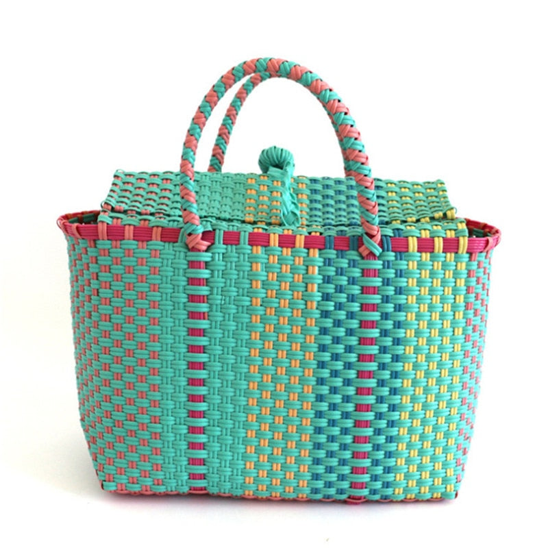 Boho Bag, Woven Plastic Basket Bag, Blue Beach