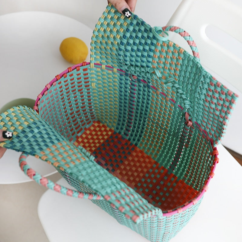 Boho Bag, Woven Plastic Basket Bag, Blue Beach - Wild Rose Boho