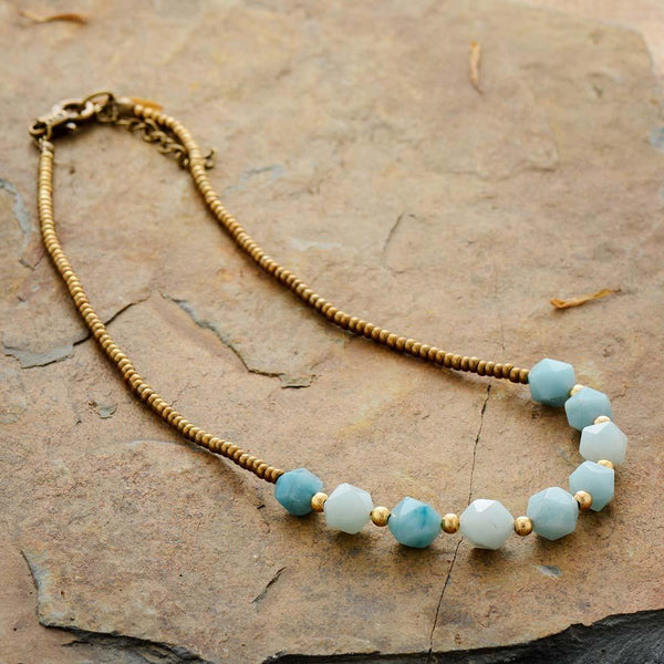 Boho Necklace, Choker Necklace, Amazonite, Natural Stone Beads - Wild Rose Boho