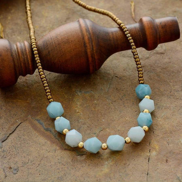 Boho Necklace, Choker Necklace, Amazonite, Natural Stone Beads - Wild Rose Boho