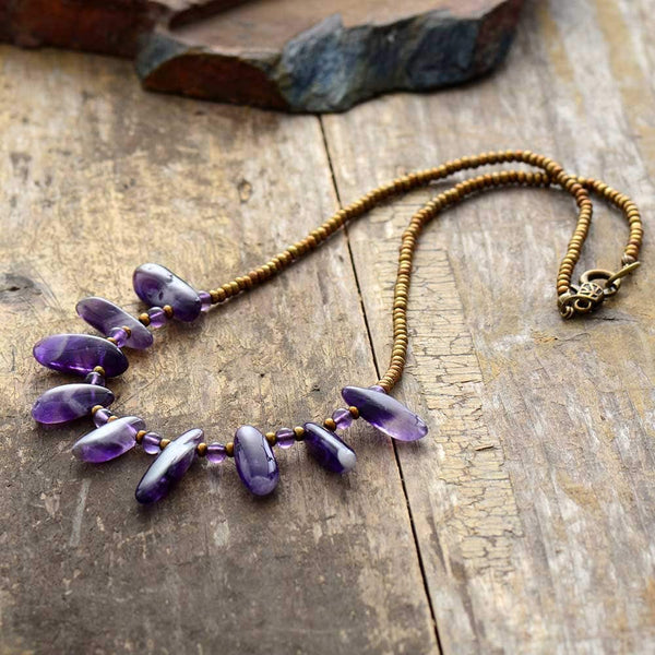 Boho Necklace, Choker Necklace, Amethysts, Natural Stone Beads, Seeds - Wild Rose Boho