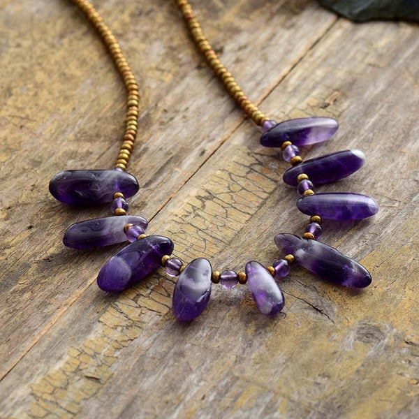 Boho Necklace, Choker Necklace, Amethysts, Natural Stone Beads, Seeds - Wild Rose Boho